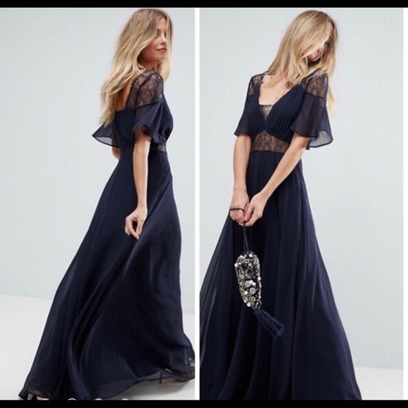 ASOS Dresses & Skirts - Asos Navy| Lace Insert Flutter Sleeve Maxi Dress 4